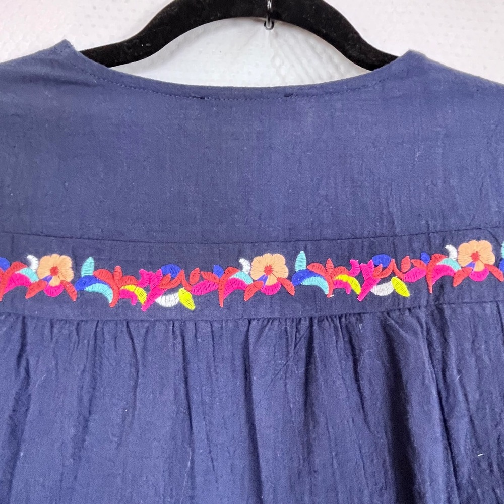 Kirundo Navy Blue Embroidered Pom Pom Ruffle Hem Boho Tunic Dress Medium (C730) - Picture 6 of 8